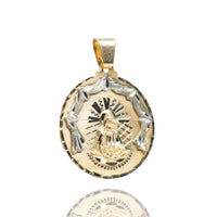 A Circular Caridad Del Cobre, Lady of Charity Pendant in 14k solid yellow gold features a raised Virgin Mary with a decorative border, displayed on a white background with a subtle reflection below.