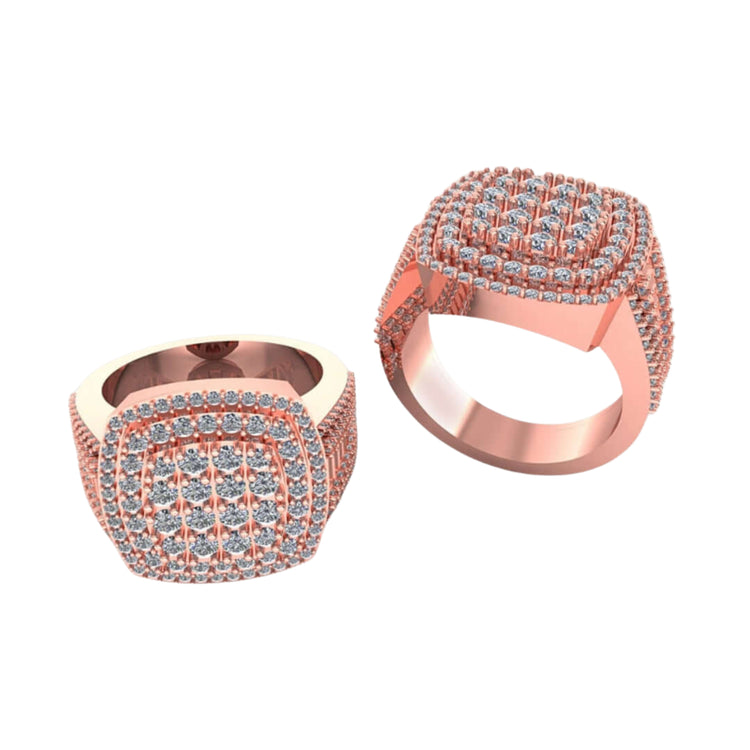 Two Square Diamond Pavé Rings – 2.19 CT Gold Design, featuring wide rose gold bands and square tops set with rows of sparkling diamonds, are displayed on a white background. These rings showcase stylish men’s diamond jewelry.