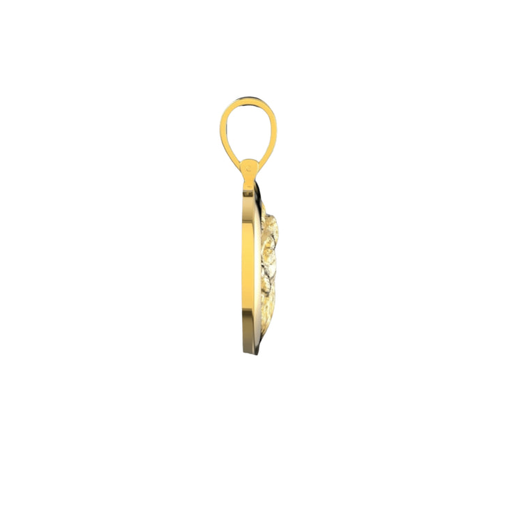 Side view of the 14K Yellow Gold Lion's Head Pendant, featuring a loop at the top, thin round profile, and subtle textured details, displayed against a plain white background.