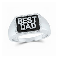 The 10k Gold Diamond BEST DAD Ring (1/20 Cttw) features a rectangular black face with clear stones and bold BEST DAD lettering—an ideal father’s gift inspired by classic diamond band ring styles.