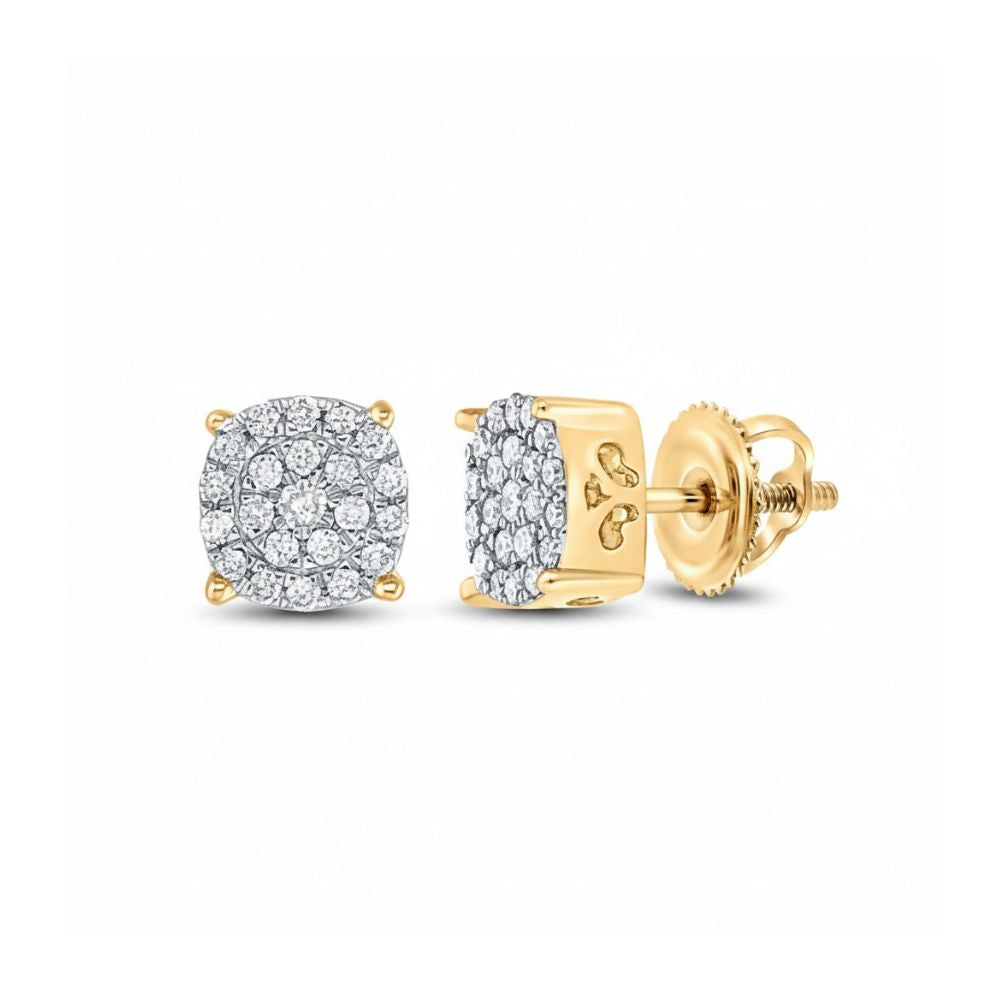 10k Gold Diamond Cluster Earrings – 1/8 Cttw feature square-shaped settings with multiple small round diamonds and secure screw-back posts.