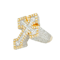 The 4.12 CTW Cross Cluster Diamond Ring – 14K Gold features a bold gold and silver band with a diamond-encrusted cross centerpiece, bordered in gold and accented with sparkling small diamonds for standout style.