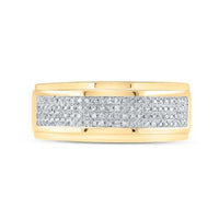 The 10K Yellow Gold Diamond Band Ring 1/3 Cttw features three rows of small, round diamonds set closely together across the front of the band.