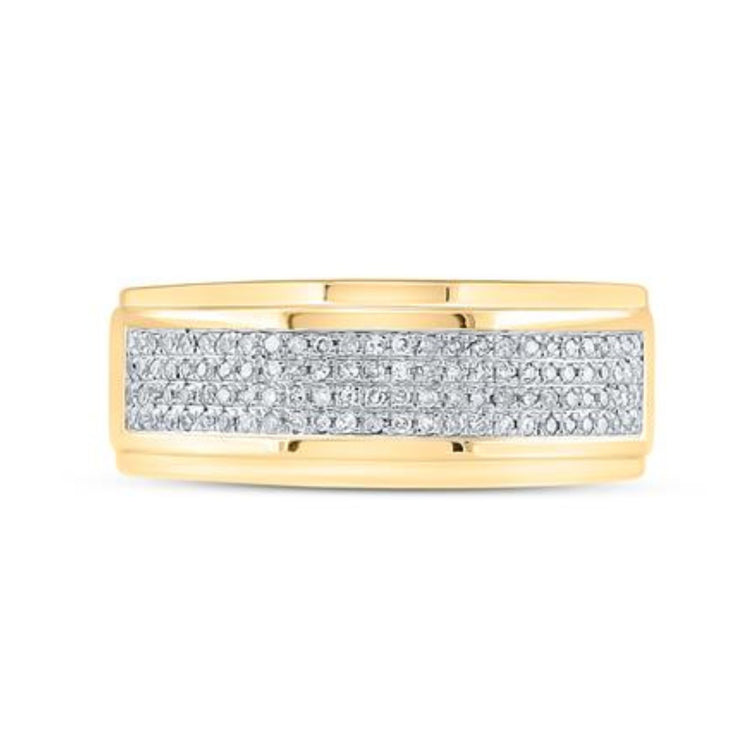 The 10K Yellow Gold Diamond Band Ring 1/3 Cttw features three rows of small, round diamonds set closely together across the front of the band.