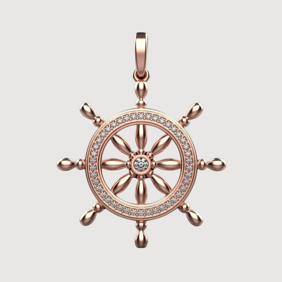 14k Gold Nautical Ship Wheel PendantCelebrate adventure with the 14K Gold Nautical Ship Wheel Pendant. Features intricate detailing in radiant 14K gold for a timeless and nautical-inspired look.