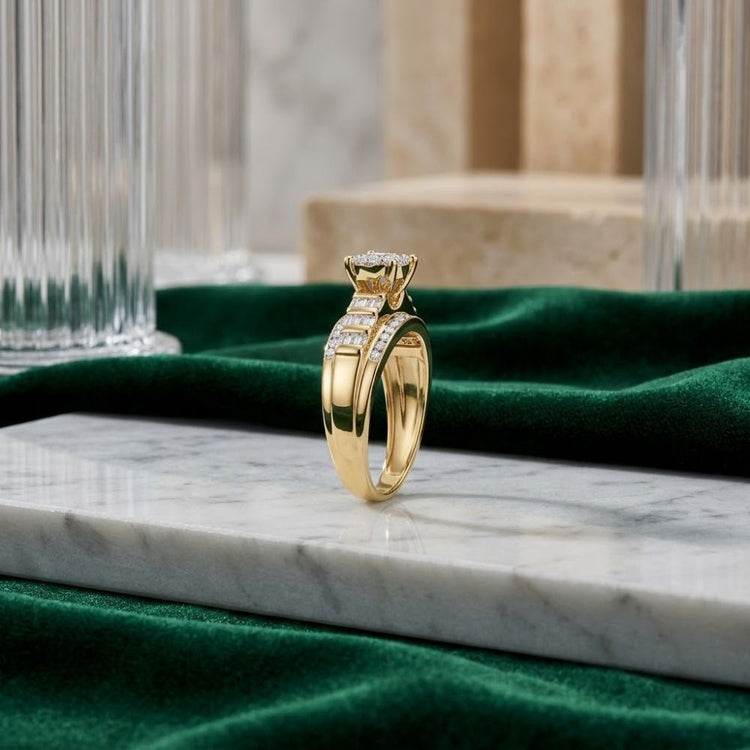 The 10k Gold Round Diamond Heart Engagement Ring is showcased on a marble surface, featuring a striking central diamond flanked by sparkling side stones. Surrounded by green velvet fabric and glass columns in the background, this elegant ring radiates timeless sophistication and romantic charm.
