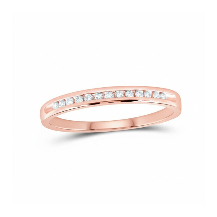 The 14k Gold Diamond Wedding Band 1/10 Cttw features a slim rose gold band set with a single row of small round white diamonds on the upper half, shown against a plain white background.