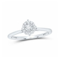 The 1/6CTW Natural Diamond Gift Promise Ring in 10k Gold features a round central diamond with a halo of smaller diamonds on a sleek, polished band, shown against a white background.