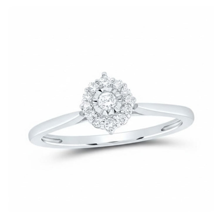 The 1/6CTW Natural Diamond Gift Promise Ring in 10k Gold features a round central diamond with a halo of smaller diamonds on a sleek, polished band, shown against a white background.