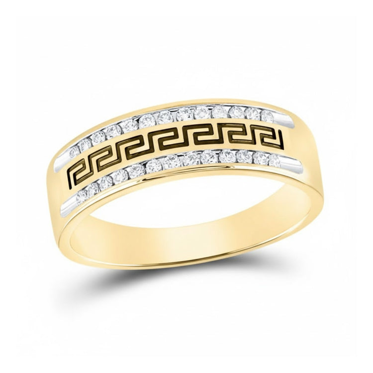 The 14k Gold Diamond Grecco Wedding Band 1/4 Cttw features a Greek key pattern in black enamel, bordered by two rows of sparkling diamonds, set against a sleek gold background.