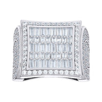 The 2.14ct Baguette Moissanite Square Head Fashion Ring features a wide sterling silver band, a square face with rows of baguette and round moissanites, plus extra stones on the band and around the face for added brilliance.