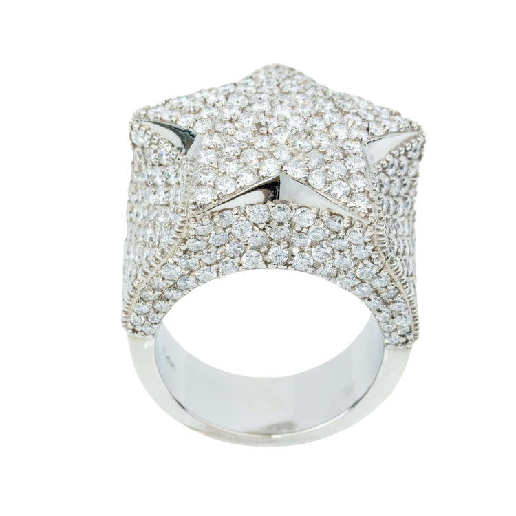 The 7.03 CTW Lab Diamond Star Ring in 14K white gold boasts a striking, star-shaped top encrusted with lab-grown diamonds for a brilliant, sparkling finish and an elegant, intricate design.