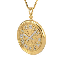 The 14k Gold Pocket Watch Pendant features an ornate face with white Roman numerals and clock hands on a chain, making it the ideal vintage-inspired jewelry piece.