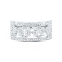 The 1/3 CT Natural Diamond Men’s Ring in Sterling Silver features rows of natural diamonds and an openwork pattern with crescent shapes, finished in high polish for a bold and elegant look.