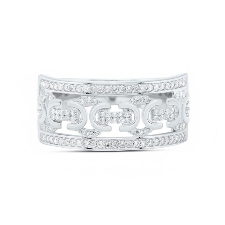 The 1/3 CT Natural Diamond Men’s Ring in Sterling Silver features rows of natural diamonds and an openwork pattern with crescent shapes, finished in high polish for a bold and elegant look.