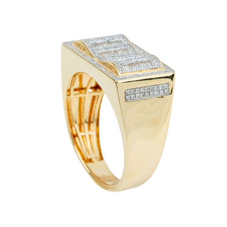 The 0.73 CTW Natural Diamond Cluster Ring in 14K yellow gold features a wide band, a sleek rectangular top with rows of natural diamonds, plus diamond side accents for a modern geometric look.