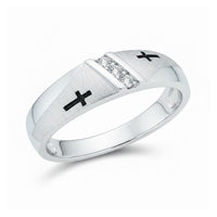 The 10k Gold Diamond Cross Wedding Band 1/20 Cttw features a single row of diamonds with two small black cross designs on each side, highlighting three clear center stones.