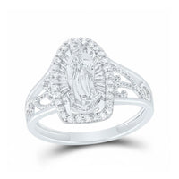A 1/5CTW 14k gold Virgin Mary ladies ring featuring a detailed central depiction, sparkling stones, and elegant accents—an exquisite alternative to a traditional diamond ring.