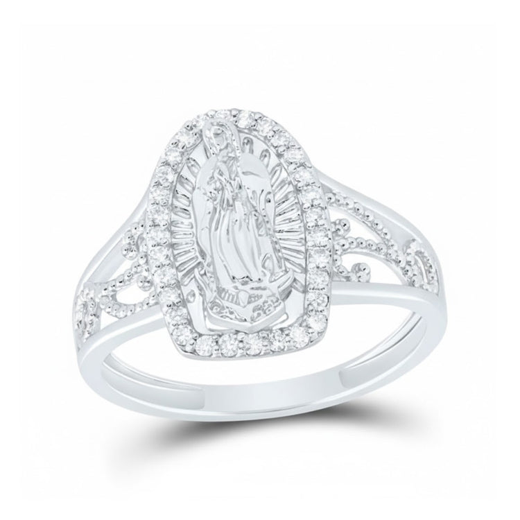 A 1/5CTW 14k gold Virgin Mary ladies ring featuring a detailed central depiction, sparkling stones, and elegant accents—an exquisite alternative to a traditional diamond ring.