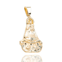 Caridad Del Cobre Pendant with CZ Stones crafted in 14k solid yellow gold, featuring a detailed Virgin of Charity design with halo and sculpted base against a white background.