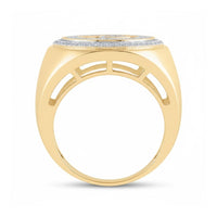 The 10k Yellow Gold Diamond Circle Frame Cluster Ring features a flat, circular top with pavé-set diamonds and side views showcasing the solid band and cutout geometric details beneath its sparkling surface.