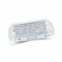 The 10k Gold Round Diamond Band Ring 1/2 Cttw for men features rows of round diamonds in a rectangular top, accented by side diamonds and a textured band design.