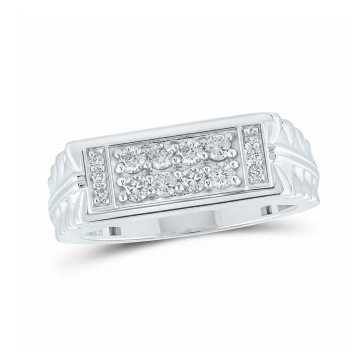 The 10k Gold Round Diamond Band Ring 1/2 Cttw for men features rows of round diamonds in a rectangular top, accented by side diamonds and a textured band design.