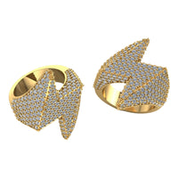 Two Lightning Strike Diamond Rings – 4.40 CT Pavé Design, featuring a bold gold lightning bolt shape encrusted with sparkling clear stones, are displayed on a white background.