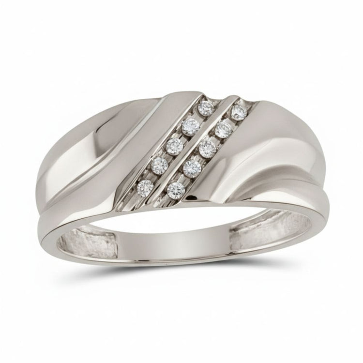 The 10k Gold Round Diamond 2-Tone Wedding Band (1/8 Cttw) features a modern design with two rows of round diamonds at the center. Its polished, two-tone finish adds elegance and style, making it a standout accessory for any occasion.