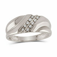 The 10k Gold Round Diamond 2-Tone Wedding Band (1/8 Cttw) features a modern design with two rows of round diamonds at the center. Its polished, two-tone finish adds elegance and style, making it a standout accessory for any occasion.