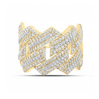 The 10k Two-Tone Gold Round Diamond Band 1-3/8 Cttw features an intricate zigzag design, fully encrusted with rows of round diamonds for a bold and luxurious look.