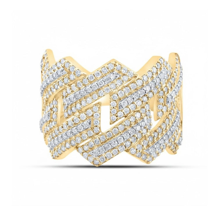 The 10k Two-Tone Gold Round Diamond Band 1-3/8 Cttw features an intricate zigzag design, fully encrusted with rows of round diamonds for a bold and luxurious look.