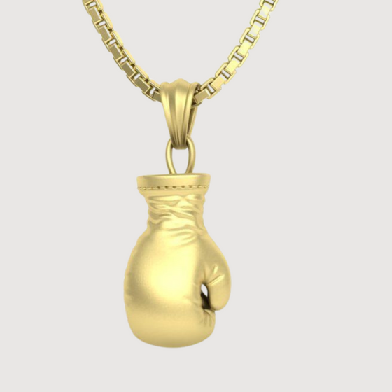 14K Gold Boxing Glove Pendant on chain for men, symbolizing strength and resilience, handcrafted in pure gold.