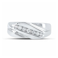 The 10k White Gold Diamond Wedding Band 1/8 Cttw features a diagonal row of seven round diamonds at the center, accented by polished grooves on each side for a modern, elegant style.