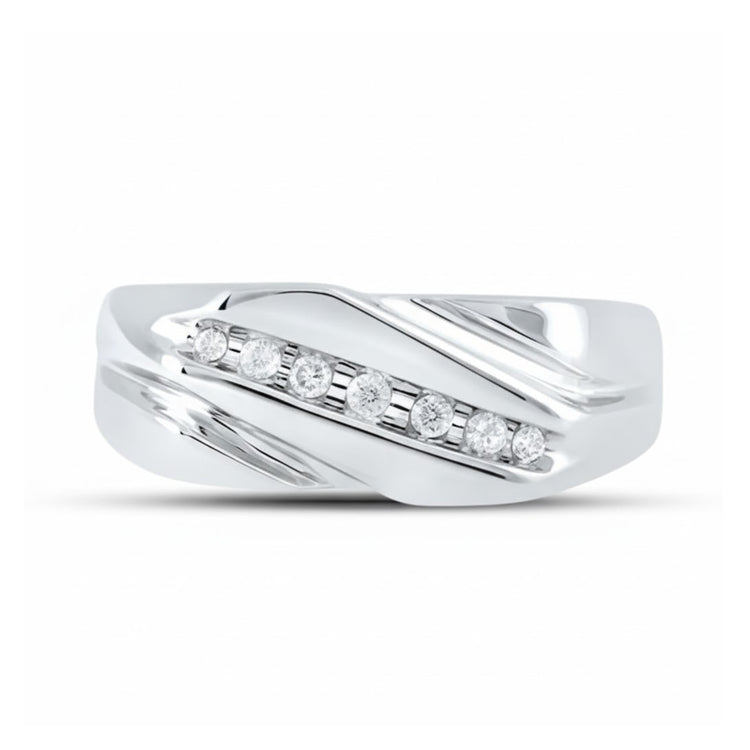 The 10k White Gold Diamond Wedding Band 1/8 Cttw features a diagonal row of seven round diamonds at the center, accented by polished grooves on each side for a modern, elegant style.