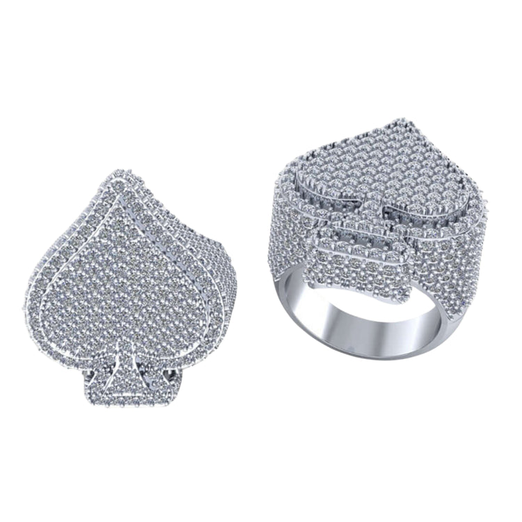 Two Ace of Spades Diamond Ring – 6.08 CT Pavé Elegance men's rings with spade-shaped, diamond-encrusted tops are displayed side by side against a white background.