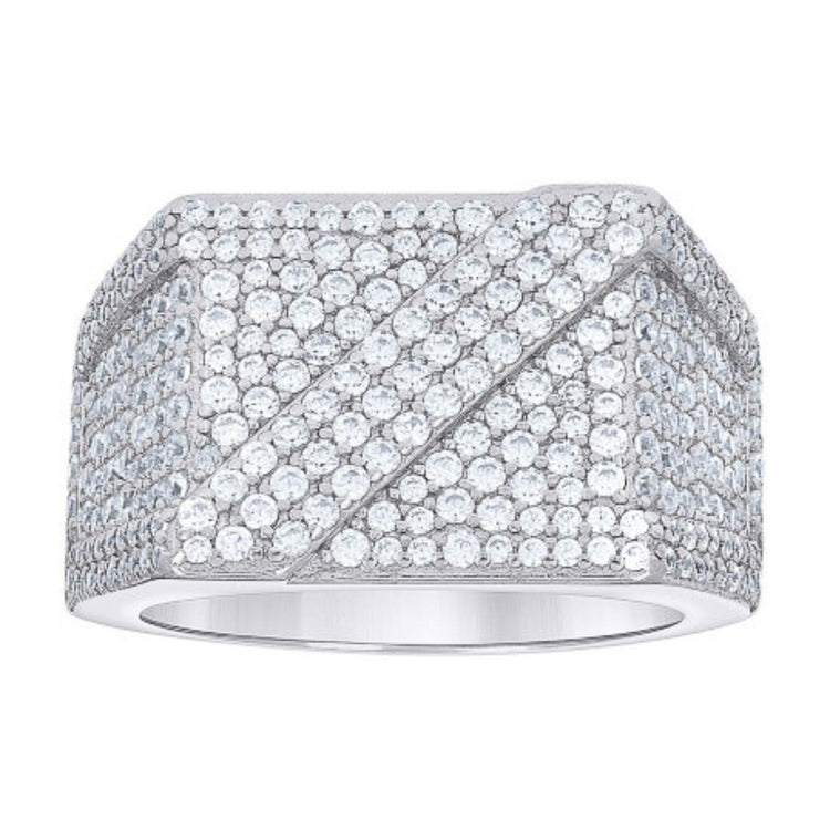 The Moissanite Square Head Fashion Ring features a wide sterling silver band adorned with sparkling moissanites in a geometric pattern, with diagonal lines and stones covering the surface for a dazzling look.