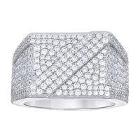 The Moissanite Square Head Fashion Ring features a wide sterling silver band adorned with sparkling moissanites in a geometric pattern, with diagonal lines and stones covering the surface for a dazzling look.
