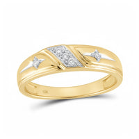 The 10k Gold Diamond Matching Wedding Ring Set features a rectangular cluster of small diamonds in the center and two accent diamonds in star-shaped white gold settings, ideal for pairing with matching wedding bands.