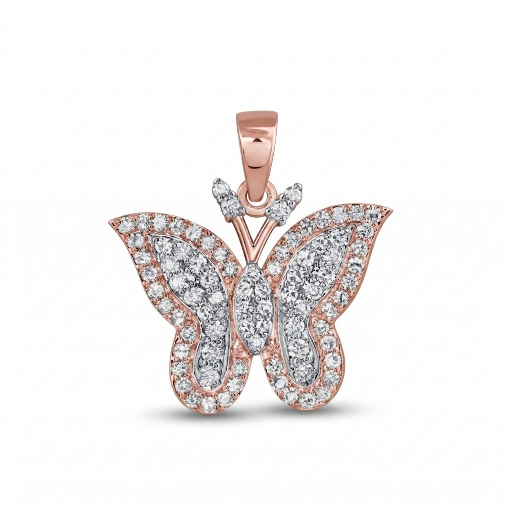 The 1/2 CTW Natural Diamond Butterfly Pendant in 10K gold features rose gold-edged wings set with sparkling natural diamonds, showcased against a plain white background.