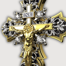  14K yellow gold Jesus cross pendant with intricate diamond accents and INRI inscription.