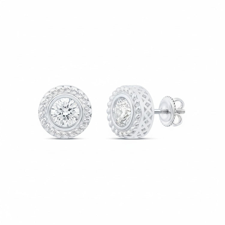 A 1/2CTW Diamond Solitaire Men's Earring in 10K gold, shown from the front and side on a white background—an ideal choice for timeless elegance.