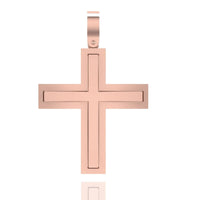 The 14k Gold Sleek Rectangular Cross Pendant in rose gold showcases a modern geometric design with a central cut-out and top loop for chain attachment, displayed on a white background.