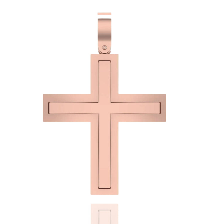 The 14k Gold Sleek Rectangular Cross Pendant in rose gold showcases a modern geometric design with a central cut-out and top loop for chain attachment, displayed on a white background.