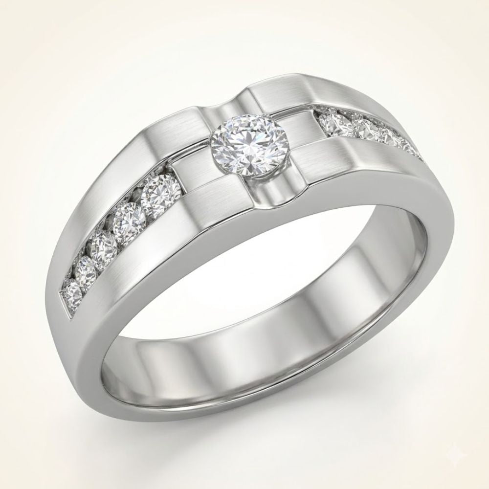 The 10K Gold Round Diamond Solitaire Band Ring 1/2 Cttw showcases a central round diamond and three accent diamonds on each side of the wide band, set against a light background.