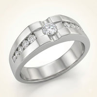 The 10K Gold Round Diamond Solitaire Band Ring 1/2 Cttw showcases a central round diamond and three accent diamonds on each side of the wide band, set against a light background.