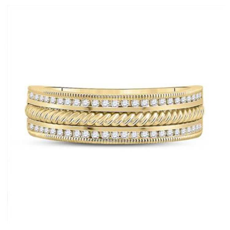 The 14K Yellow Gold Diamond Rope Inlay Band 1/3 Cttw features two rows of round white diamonds and a central twisted rope design, displayed against a plain white background.