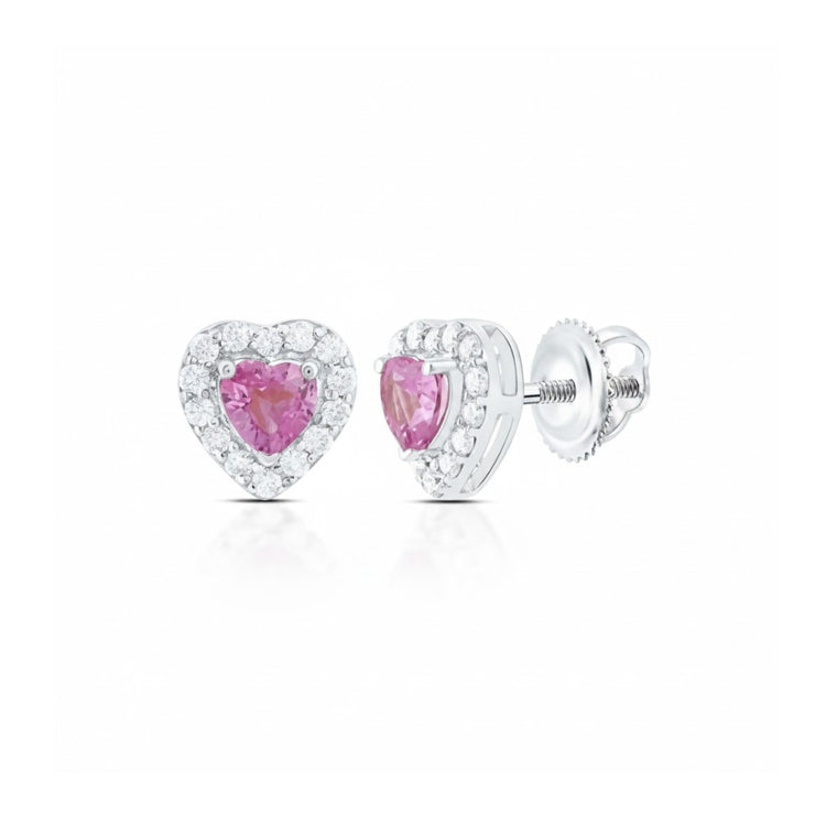 1/10CT Heart Earrings with Pink Sapphire in 14K Gold feature a pink gemstone center surrounded by clear diamonds, set in white metal with screw-back closures—an elegant pick for pink sapphire earring lovers.
