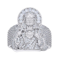 The Baguette 2.1ct Moissanite Jesus Religious Ring features a detailed Jesus portrait with halo and heart on his chest, set on a sparkling moissanite-encrusted band.