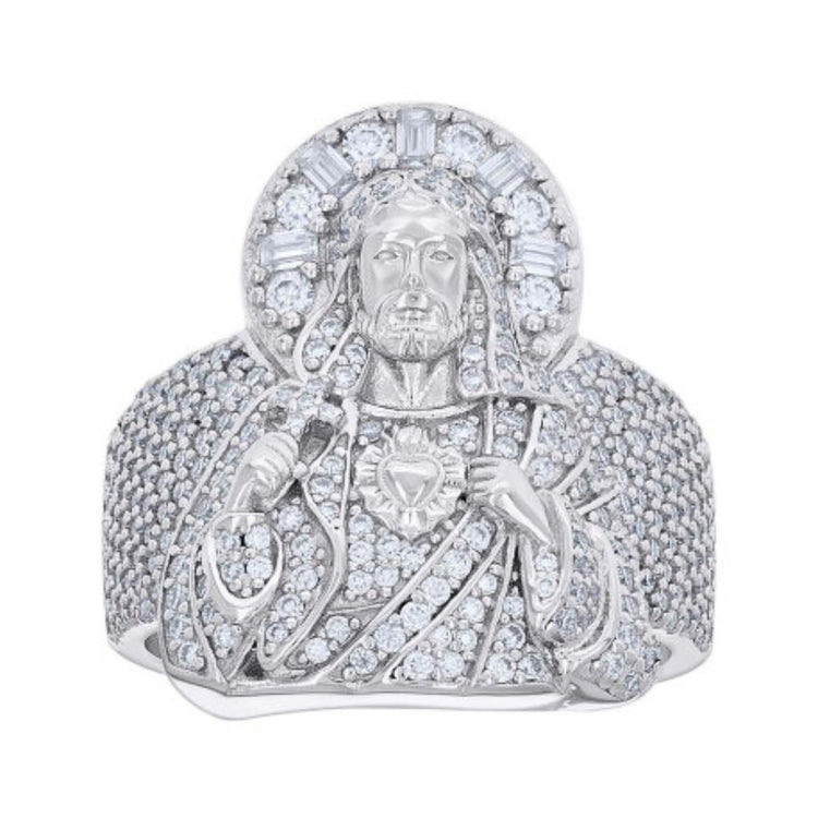 The Baguette 2.1ct Moissanite Jesus Religious Ring features a detailed Jesus portrait with halo and heart on his chest, set on a sparkling moissanite-encrusted band.